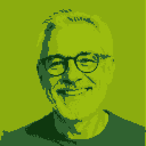 The same portrait as a pixel avatar with the Game Boy palette